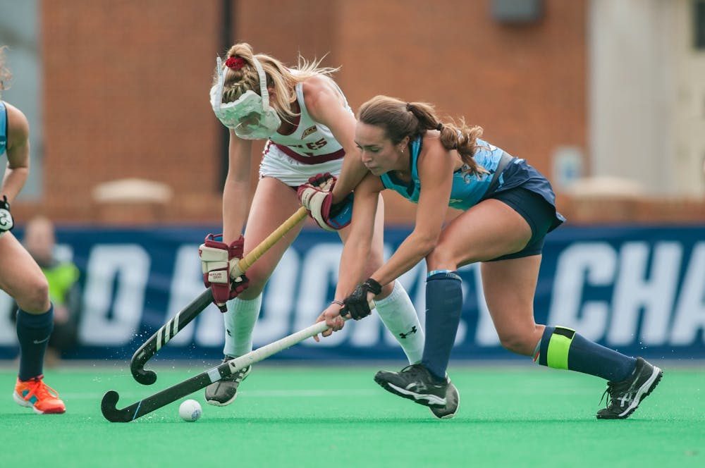 UNC Senior forward Marissa Creatore (33) steals the ball from Boston College player in the NCAA Final Four game against BC at Kentner Stadium on Friday, Nov. 22, 2019. UNC won 6-3, advancing the team to the final round of the NCAA Championships.