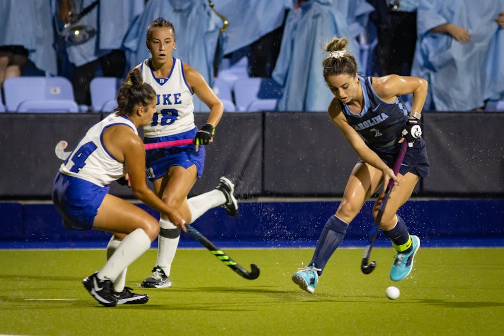 UNC senior forward Erin Matson (1) maintains possession as she drives into the goal during the Tar Heels' home game on Oct. 8 against the Duke Blue Devils. UNC won 4-1, and Matson scored her 100th career goal as a Tar Heel. 