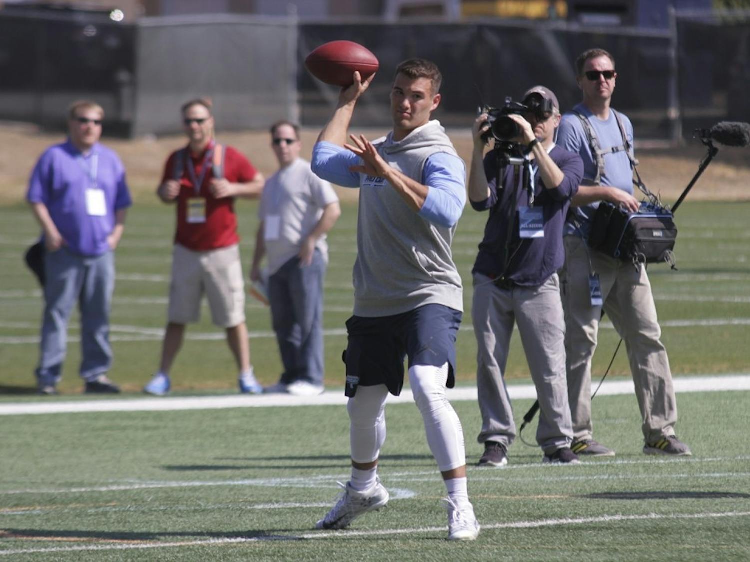 Former North Carolina quarterback Mitchell Trubisky throws a pass during UNC Pro Day.

