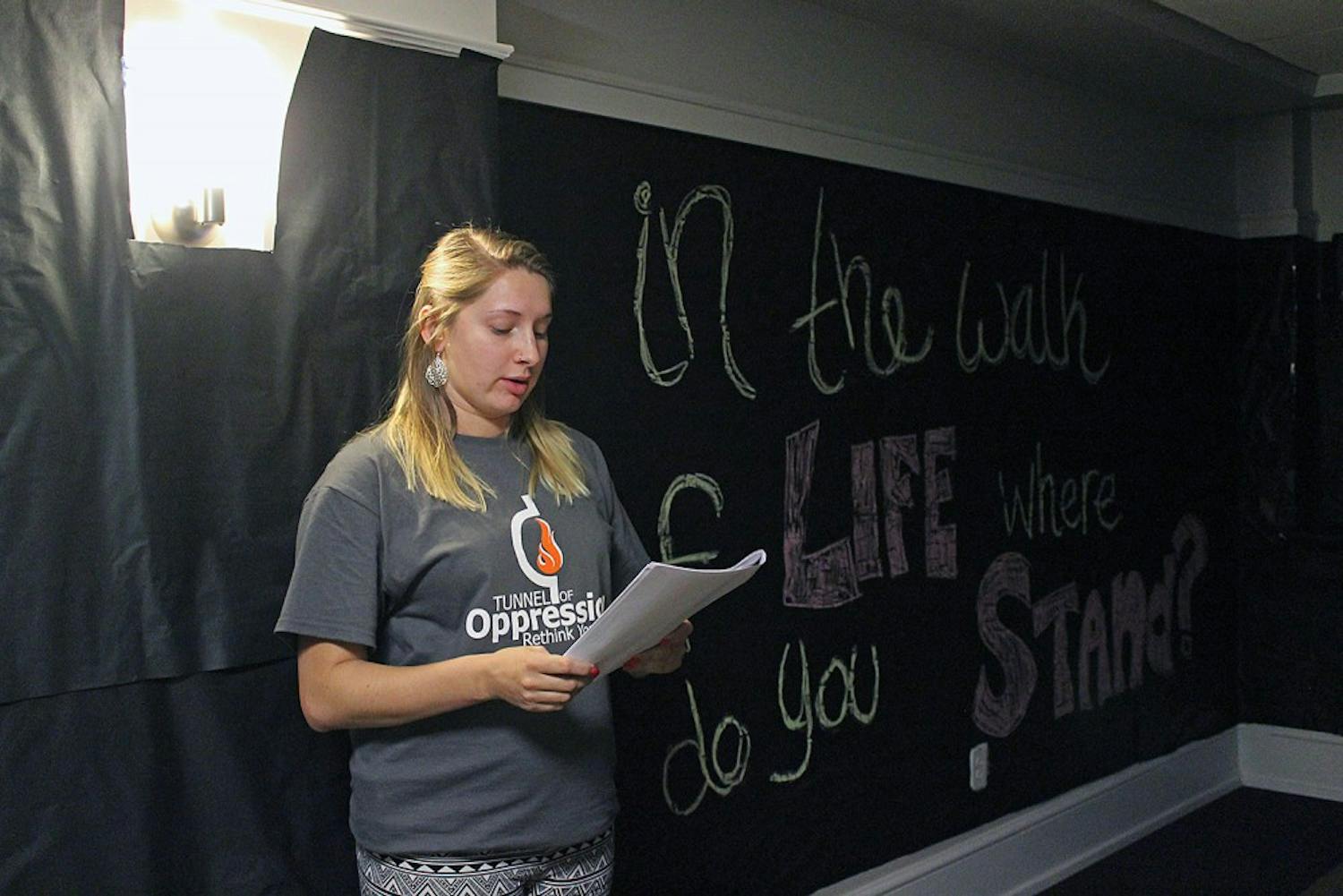 Alix Desch is the Operations Manager of the 2014 Tunnel of Oppression. The Tunnel of Oppression is a tour that engages participants in a number of first hand forms of oppression through interactive acting, viewing monologues and forms of multimedia. The tours began on Monday, March 31 and will continue until Wednesday, April 2 in Cobb Residence Hall. 