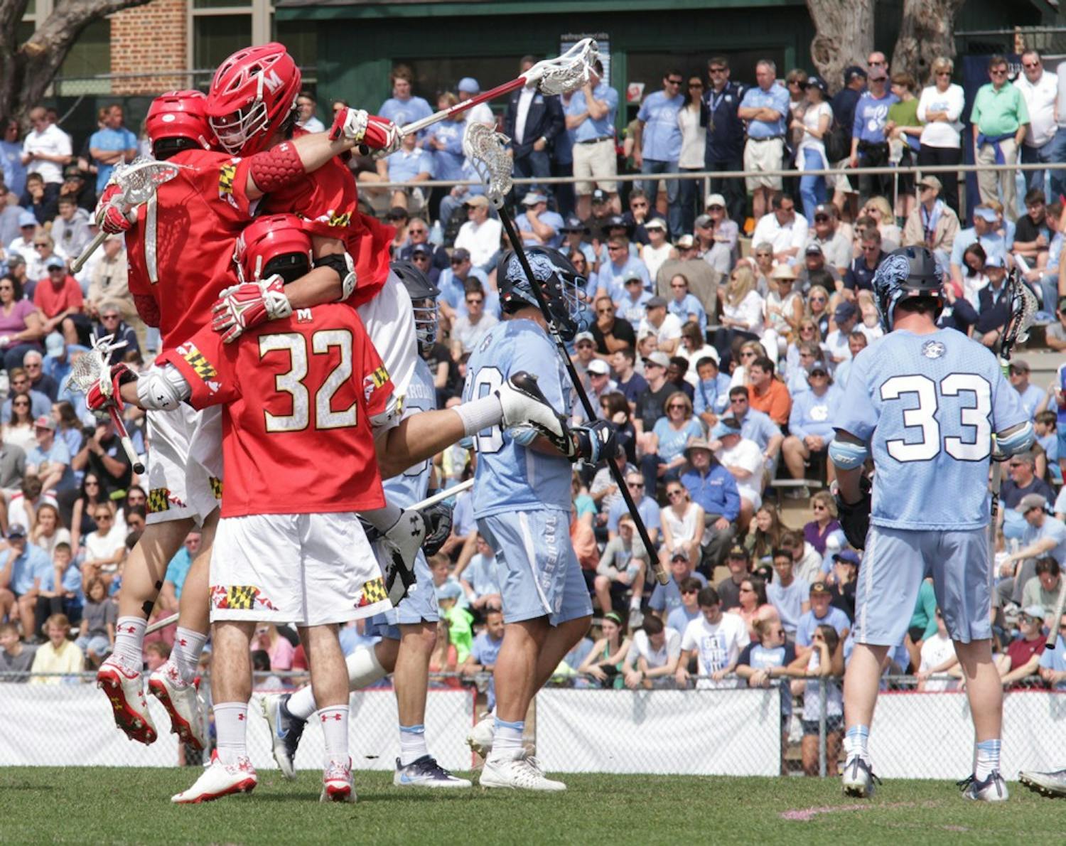 Maryland lacrosse players celebrate a goal during the first half of their 15-7&nbsp;defeat of&nbsp;UNC. North Carolina claimed the NCAA title the last time the two teams played each other in May.&nbsp;