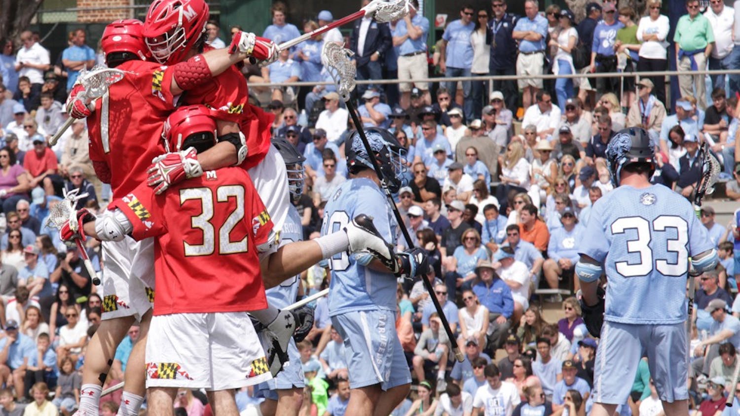 Maryland lacrosse players celebrate a goal during the first half of their 15-7&nbsp;defeat of&nbsp;UNC. North Carolina claimed the NCAA title the last time the two teams played each other in May.&nbsp;