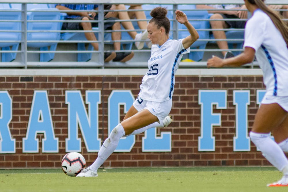 UNC Junior Defender Maycee Bell (25) prepares to kick the ball during the Tar Heels' game against the Arkansas Razorbacks at Dorrance Field on Sunday, Aug. 22.