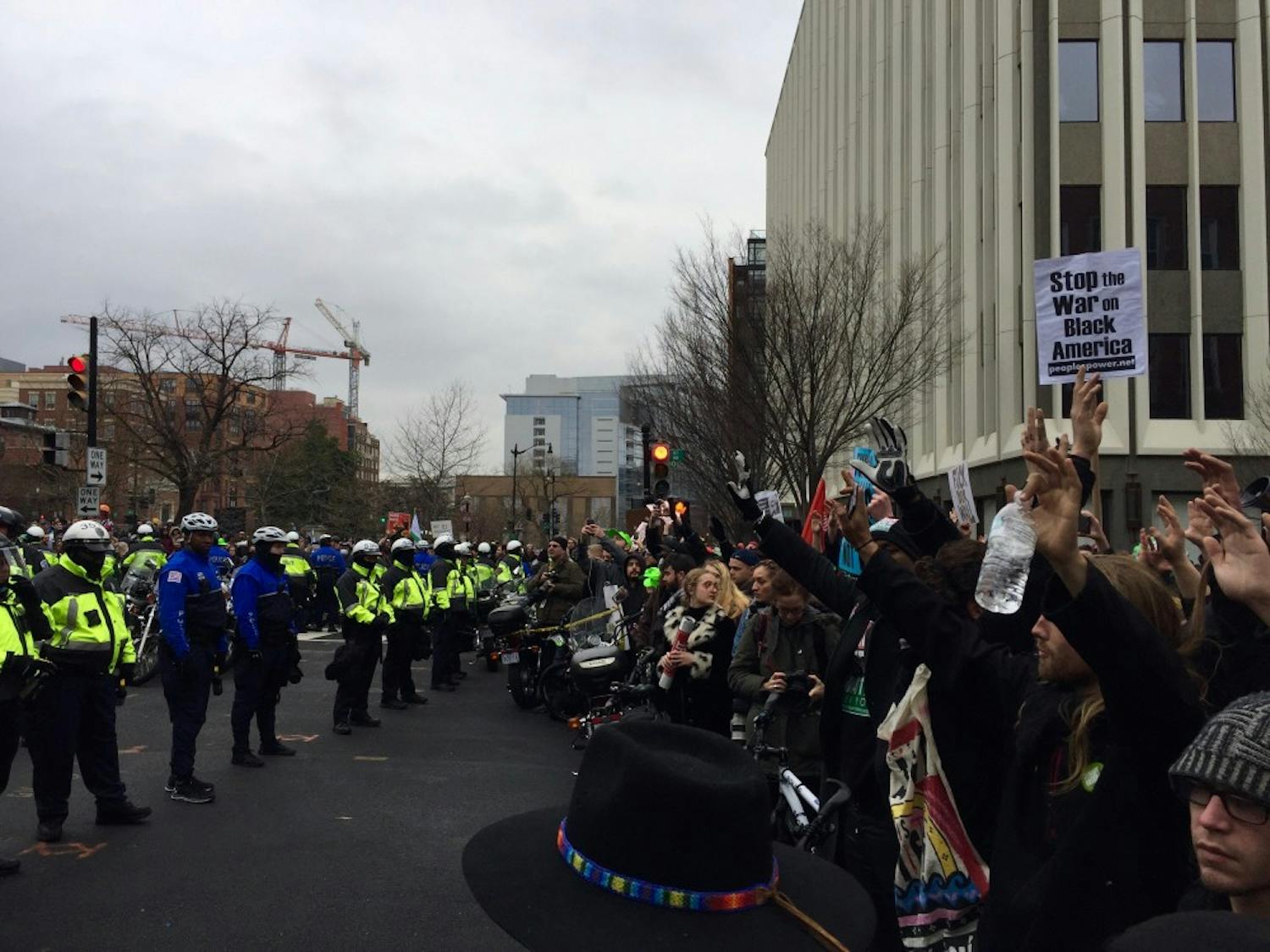 A group of protesters face off with police officers &mdash; less than 3 minutes before pepper spray was reportedly released.&nbsp;