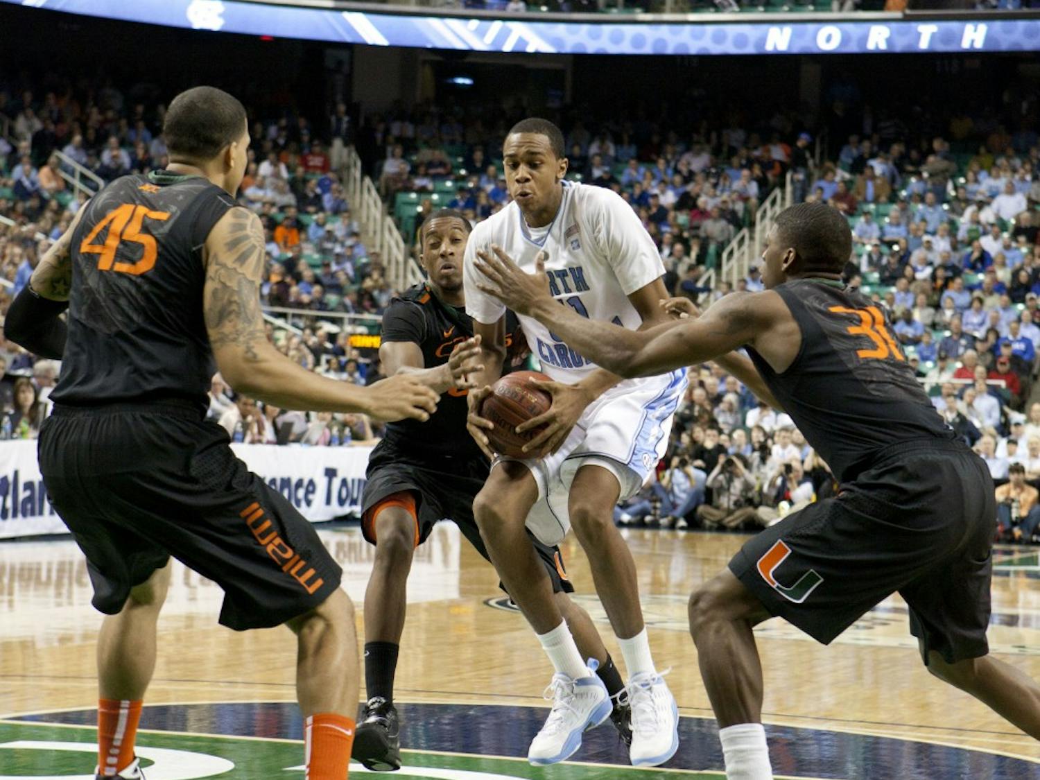 	The North Carolina Tar Heels defeated the Miami Hurricanes 61-59 in Quarterfinal game of the ACC Tournament in Greensboro, NC Friday, March 11.