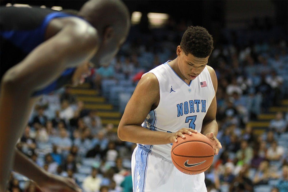 UNC forward Kennedy Meeks (3) prepares to shoot a free throw. Meeks had two free throws for the game. 