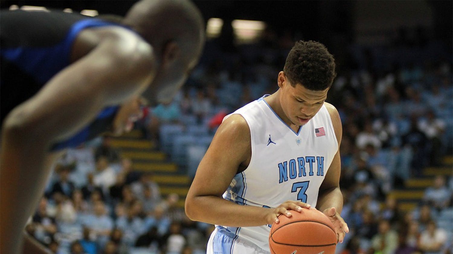 UNC forward Kennedy Meeks (3) prepares to shoot a free throw. Meeks had two free throws for the game. 