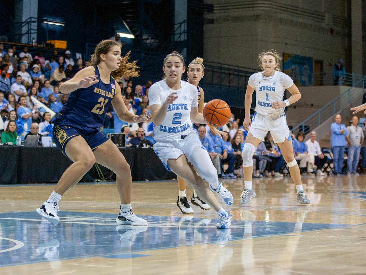 First-year guard Paulina Paris (2) dribbles during the women's basketball game against Notre Dame on Sunday, Jan. 8 at Carmichael Arena. UNC beat Notre Dame 60-50.