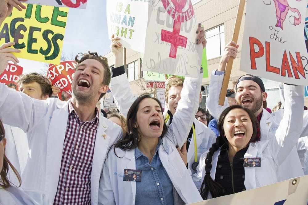 A group of UNC medical students protest against the repeal of the Affordable Care Act at the 11th HKonJ march in Raleigh on February 11th. There is concern about the impact of the repeal on mental health; UNC Rex is opening a mental health center in Raleigh.&nbsp;