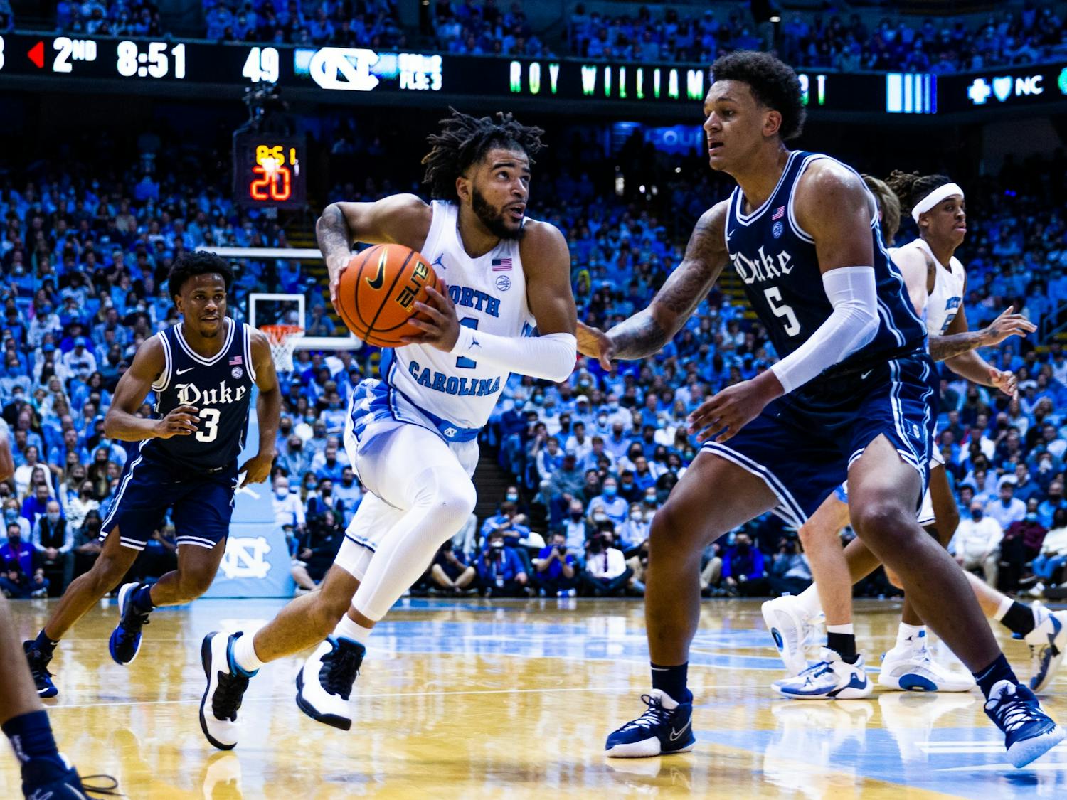Sophomore guard RJ Davis (4) drives to the basket in the Dean Smith Center during the UNC men’s basketball game on Saturday, Feb. 5, 2022. Duke won 87-67.