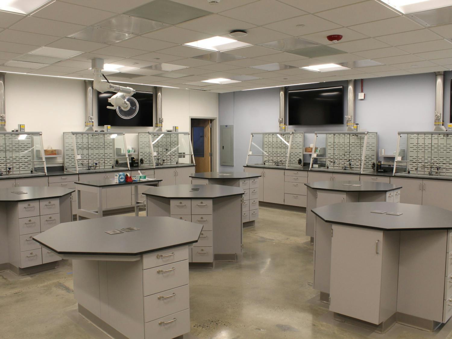 The recently renovated chemistry lab nicknamed “The Lab of the Future” has been designed to promote collaboration and communication between students through an open floorplan, round tables and monitors where students can display their data.