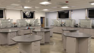 The recently renovated chemistry lab nicknamed “The Lab of the Future” has been designed to promote collaboration and communication between students through an open floorplan, round tables and monitors where students can display their data.
