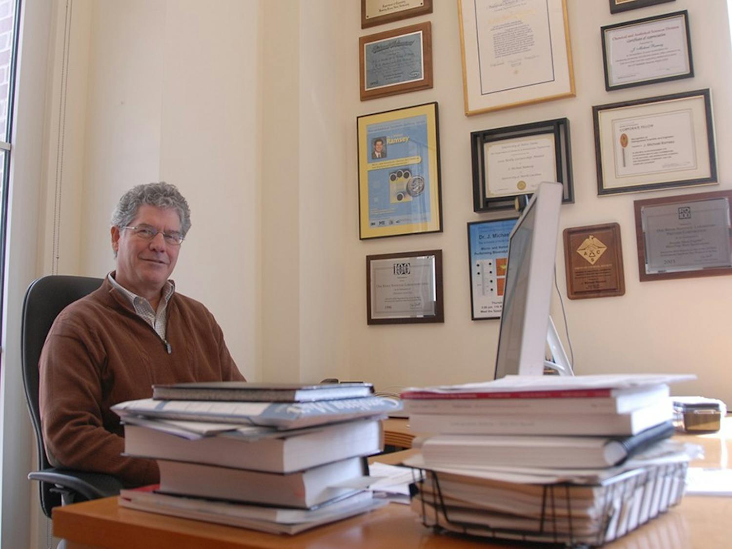 UNC Goldby Distinguished Professor of Chemistry J. Michael Ramsey works in his office in Chapman Hall on Tuesday morning. Ramsey has been elected to the National Academy of Engineering, one of the highest professional distinctions awarded to a scientist or engineer. 