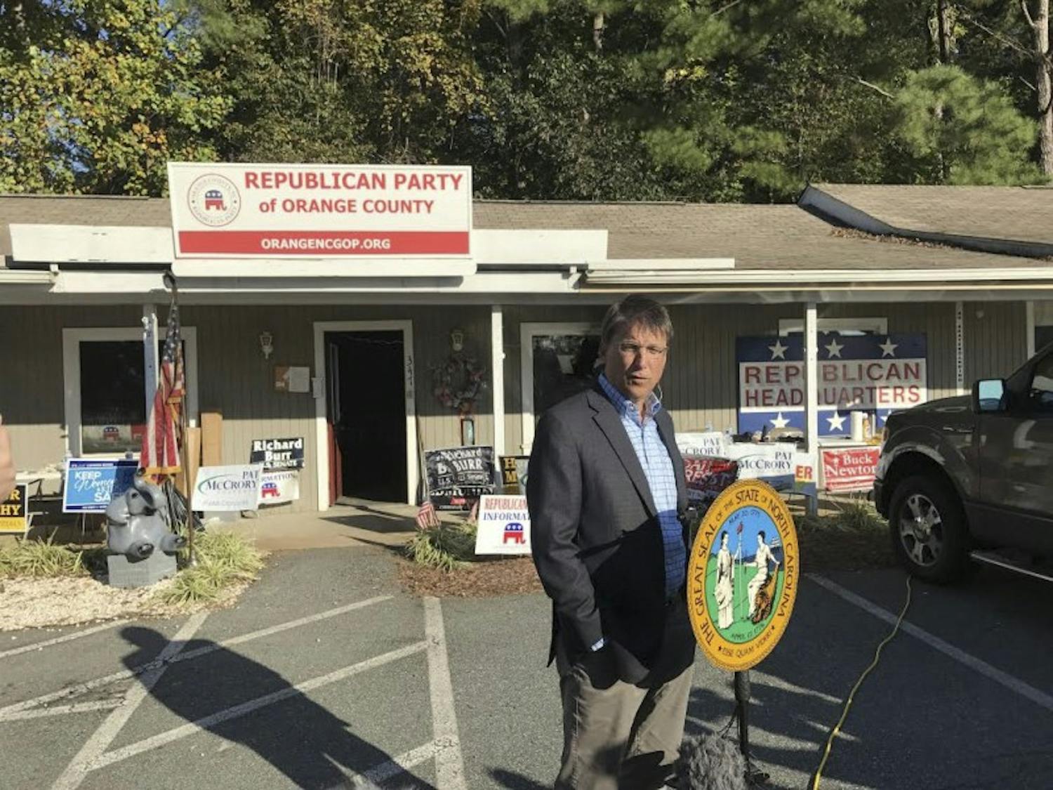 Governor Pat McCrory stands outside the Hillsborough GOP office during his campaign for re-election on October 17.