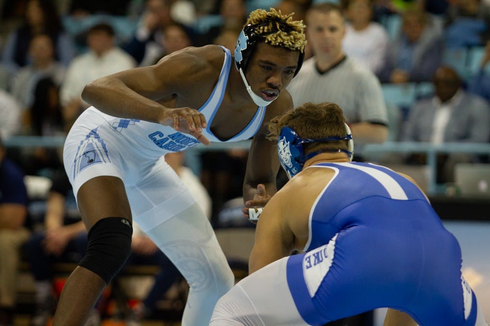 Redshirt junior Kennedy Monday wrestles Duke redshirt sophomore Benjamin Anderson in Carmichael Arena on Friday, Jan. 31, 2020. Kennedy has been hailed as an "anchor" of Carolina wrestling for the 2019-2020 season.