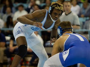 Redshirt junior Kennedy Monday wrestles Duke redshirt sophomore Benjamin Anderson in Carmichael Arena on Friday, Jan. 31, 2020. Kennedy has been hailed as an "anchor" of Carolina wrestling for the 2019-2020 season.