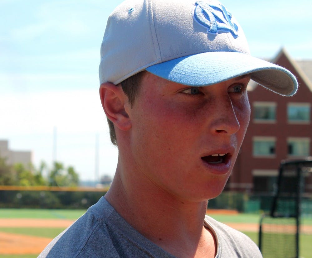 	North Carolina pitcher Trent Thornton talks with reporters at Creighton&#8217;s baseball field at Monday&#8217;s team practice. 