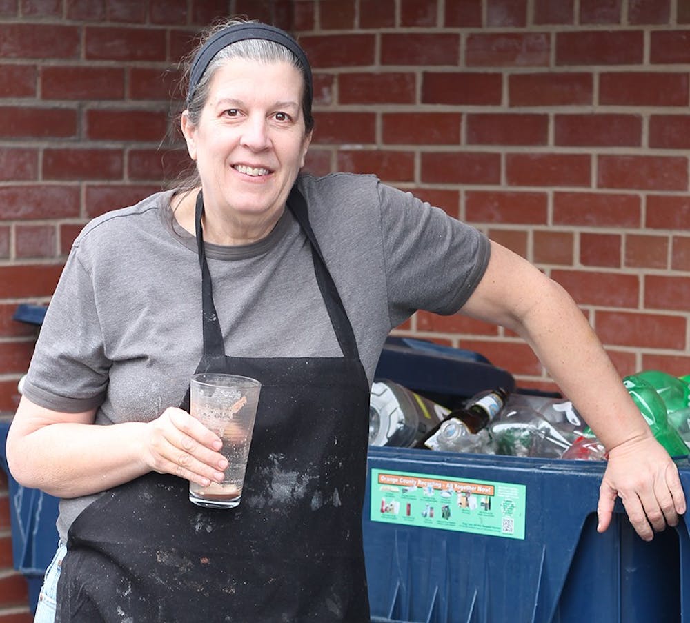 Meg Miller has been key to the recycling initiative in DKE. "We average about seven bins a week." In addition to recycling, Meg has implemented composting. She's hoping to steer away from styrofoam plates and cups and find a more environmental friendly alternative.