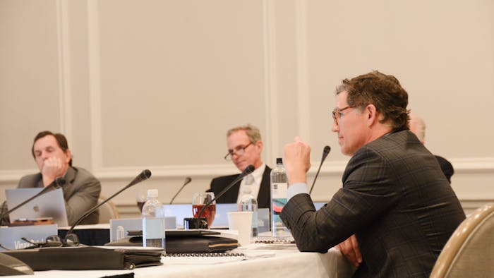 Members of the Board of Trustees listened as Mimi Chapman, chairperson of the Faculty, spoke in front of the board on Wednesday, 22, 2023. From left to right: Robert Bryan III, John Preyer and Perrin Jones.