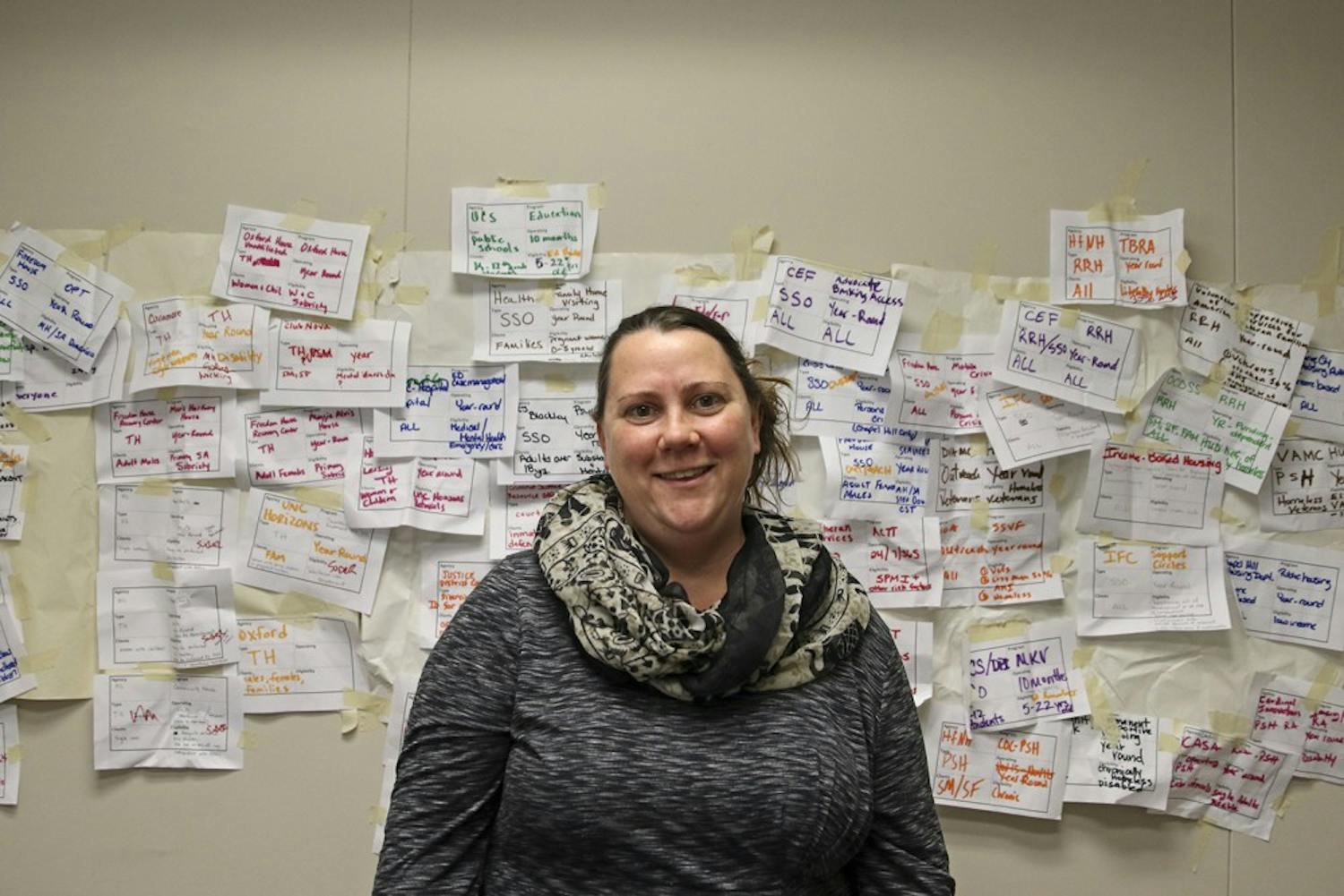 Corey Root is the Homeless Program coordinator for Orange County. Behind her is a wall covered in different cases of people she plans to enter into the system.
