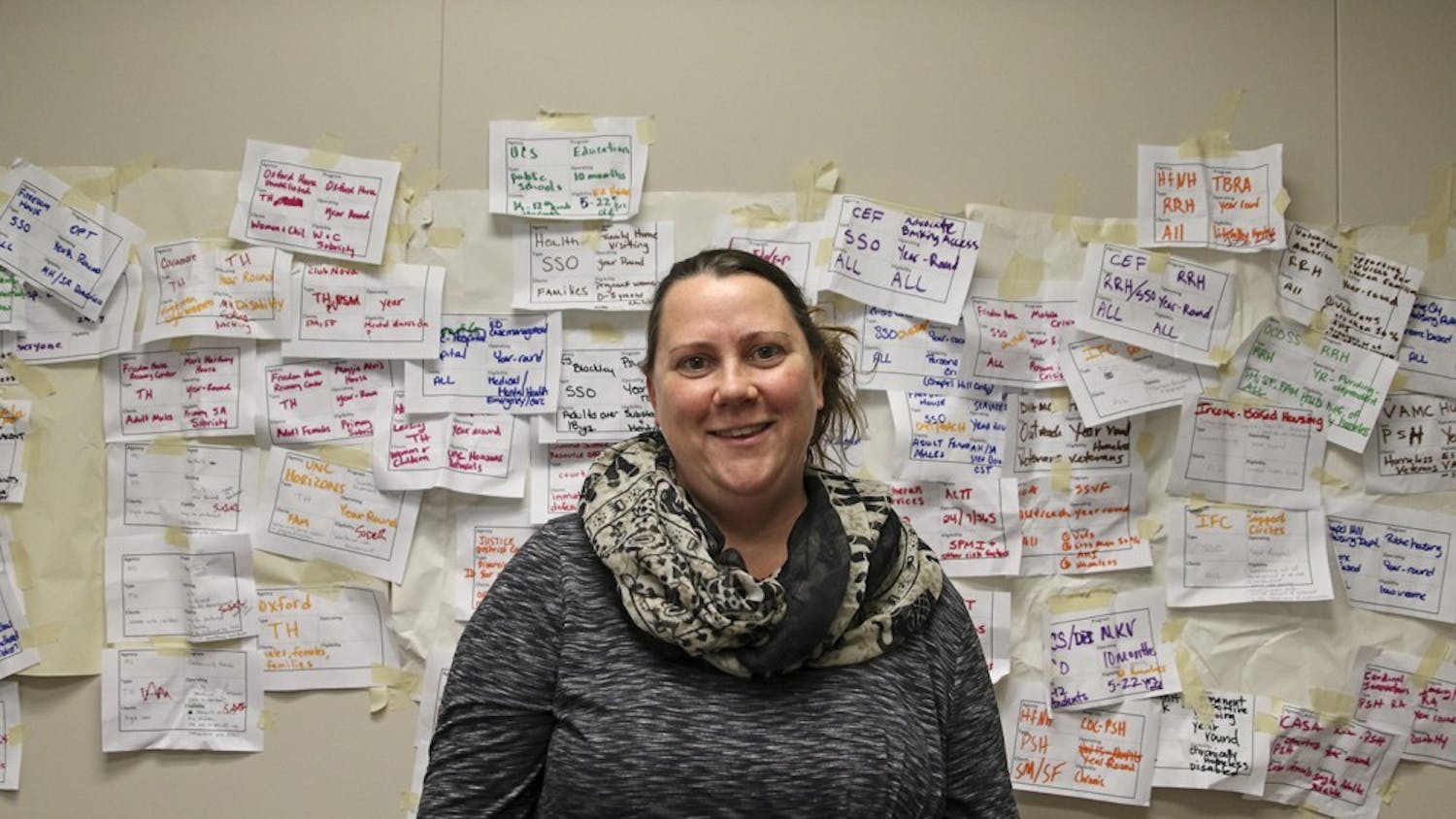 Corey Root is the Homeless Program coordinator for Orange County. Behind her is a wall covered in different cases of people she plans to enter into the system.