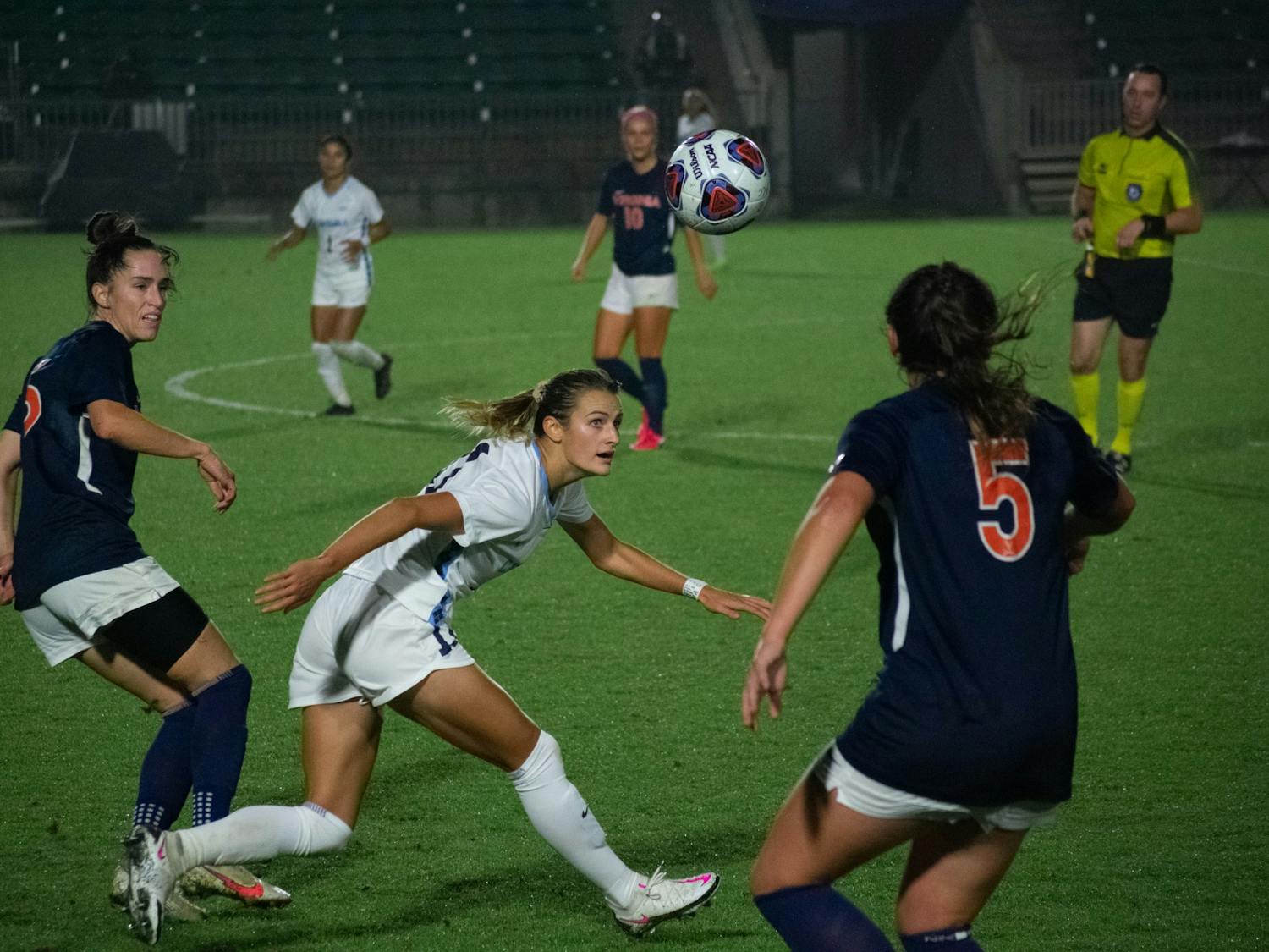 Virginia players go up against UNC in the women's soccer game at Dorrance field on Friday, Nov. 13, 2020. UNC beat Virginia 2-0 in the ACC semifinal game.
