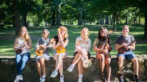 (from left to right) Robyn Ardern, Isabela Peterson, Anna Keener, Helen Abbott, Chiazo Agina, and Matthew Wasyluk pose with their ukuleles on Sept. 24.