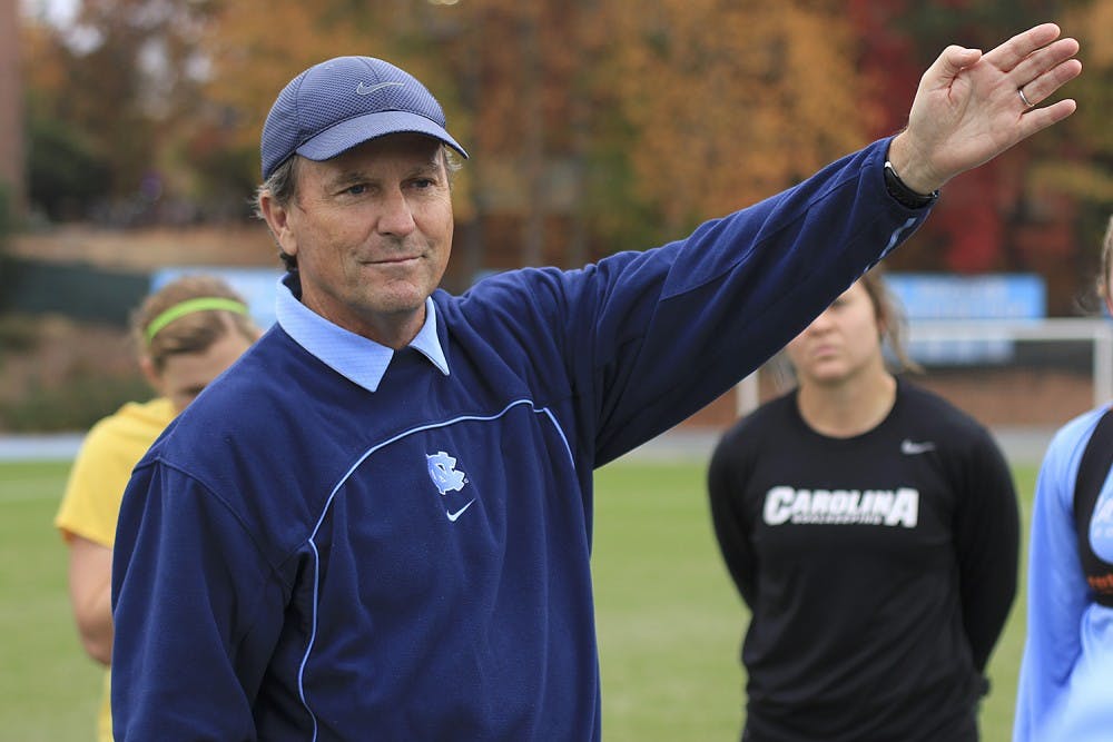 Women's Soccer Head Coach Anson Dorrance pictured at practice Thursday afternoon.