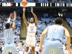 UNC junior guard Caleb Love (2) shoots the ball during the men's basketball game against The Citadel at the Dean Smith Center on Tuesday, Dec. 13, 2022. UNC beat The Citadel 100-67.