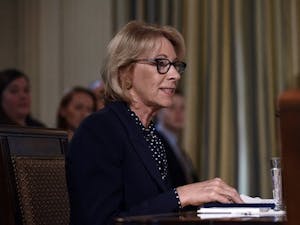 Education Secretary Betsy DeVos speaks during an Interagency meeting to discuss youth programs throughout each of the member agencies in the State Dining room of the White House in Washington, D.C., U.S., on Monday, March 18, 2019.(Olivier Douliery/ Abaca Press/TNS)

