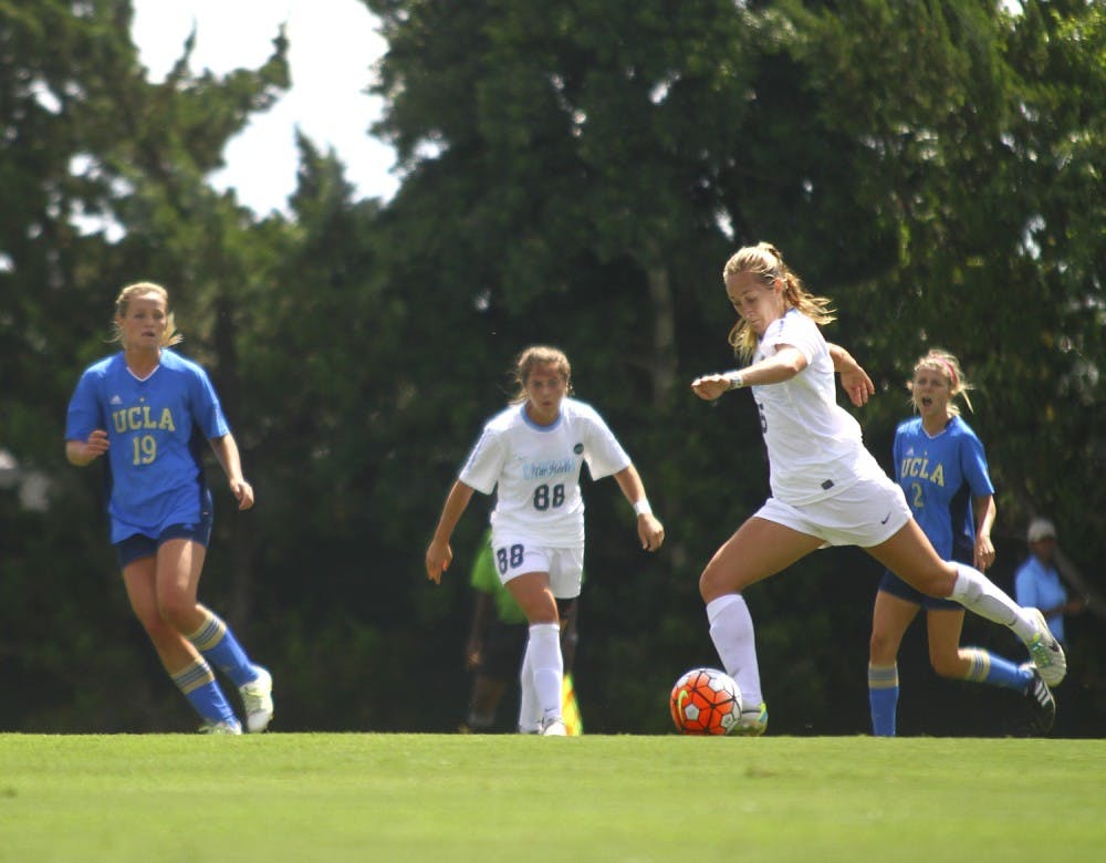 The UNC soccer team defeated UCLA 3-1 on Sunday Sept. 13. Forward Summer Green (6) scores the first goal of the game, one of three shots made for the Tarheels by Green this game. The goal was unassisted, made from the top of the box, and delivered to the lower right of the net.