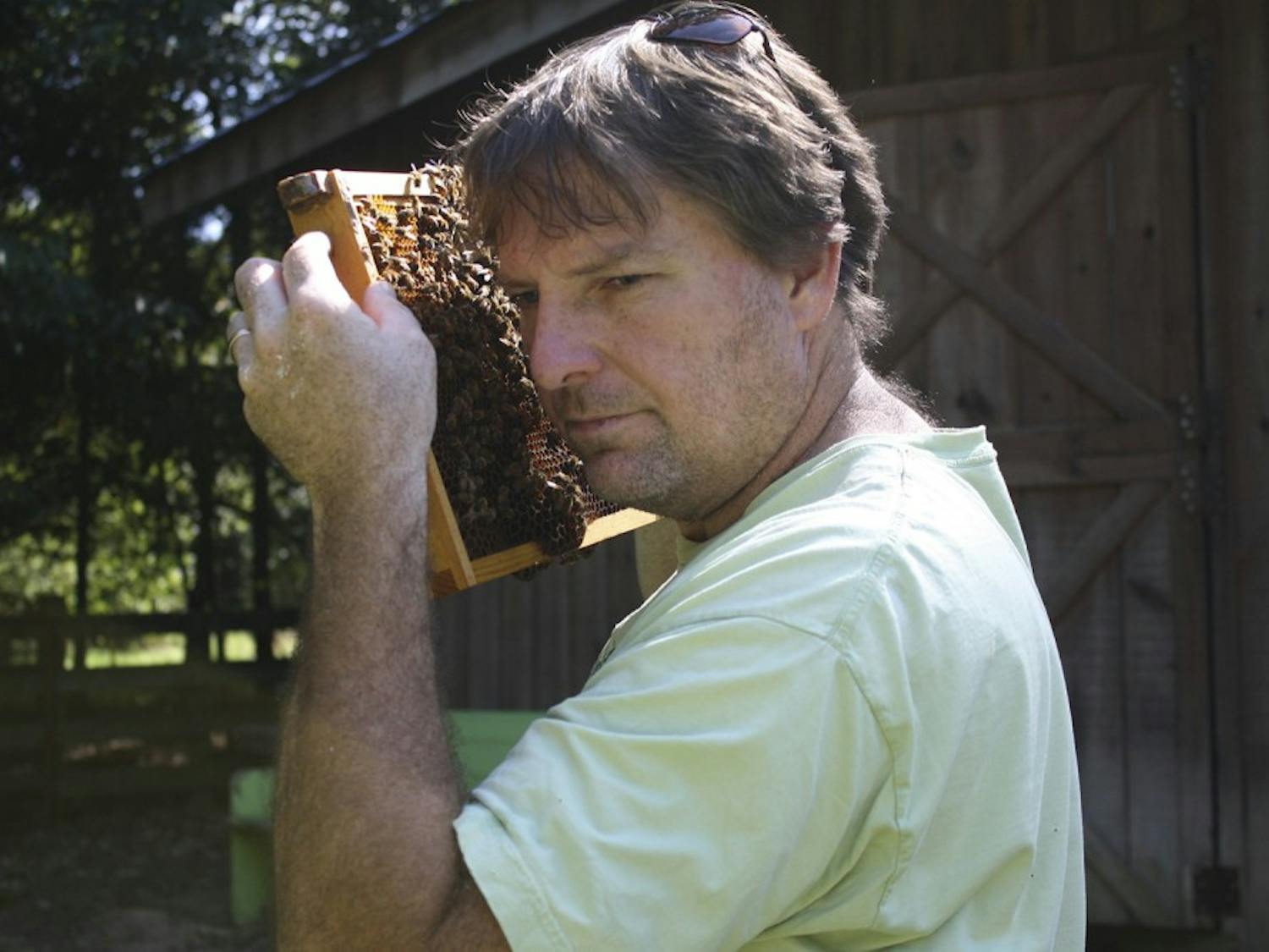 Marty Hanks, the creator of "Just Bee Apiary," a bee farm located on his land just outside of downtown Chapel Hill, checks on his honeybees. Hanks makes it a priority to raise his thousands of bees without the use of unnatural chemicals.