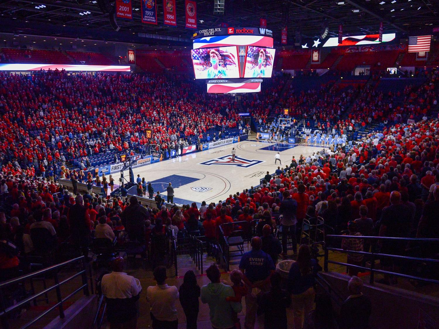 A red crowd surrounded Carolina Women's Basketball as the team defeated Arizona during the second round of the NCAA Tournament in Tuscon, Ariz., on Monday, March 21, 2022. UNC won 63-45.