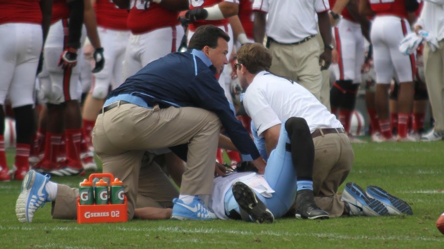 	UNC quarterback Bryan Renner went down in the third quarter of Saturday&#8217;s game at N.C. State with a season-ending shoulder injury.
