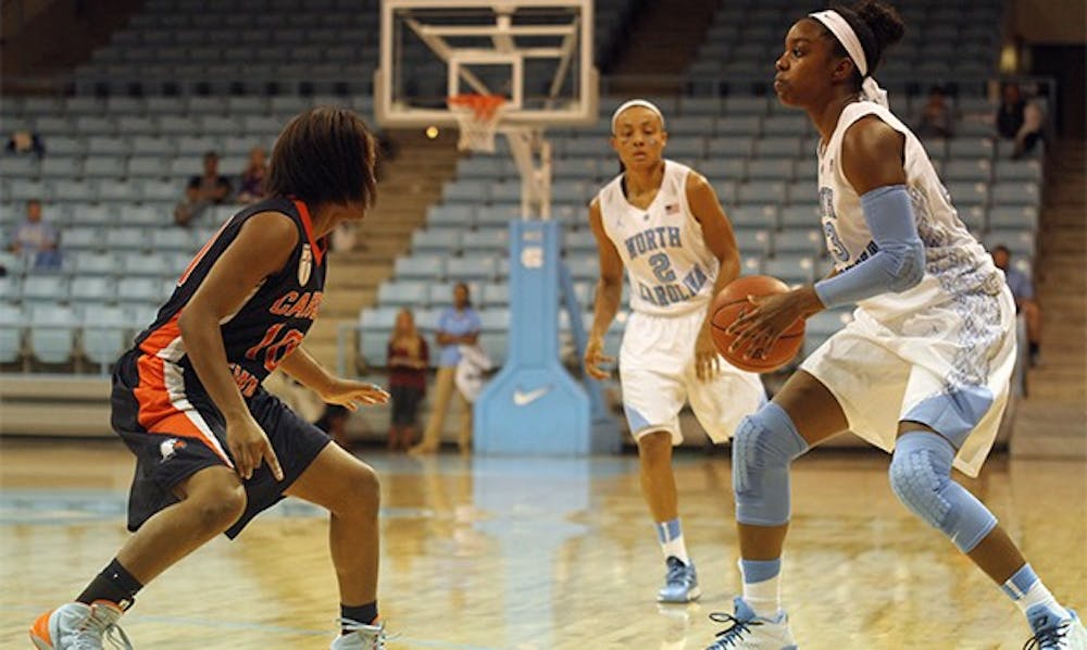 	<p><span class="caps">UNC</span> freshman guard Diamond DeShields (right) scored 14 points in her North Carolina debut against Carson-Newman on Wednesday night.</p>