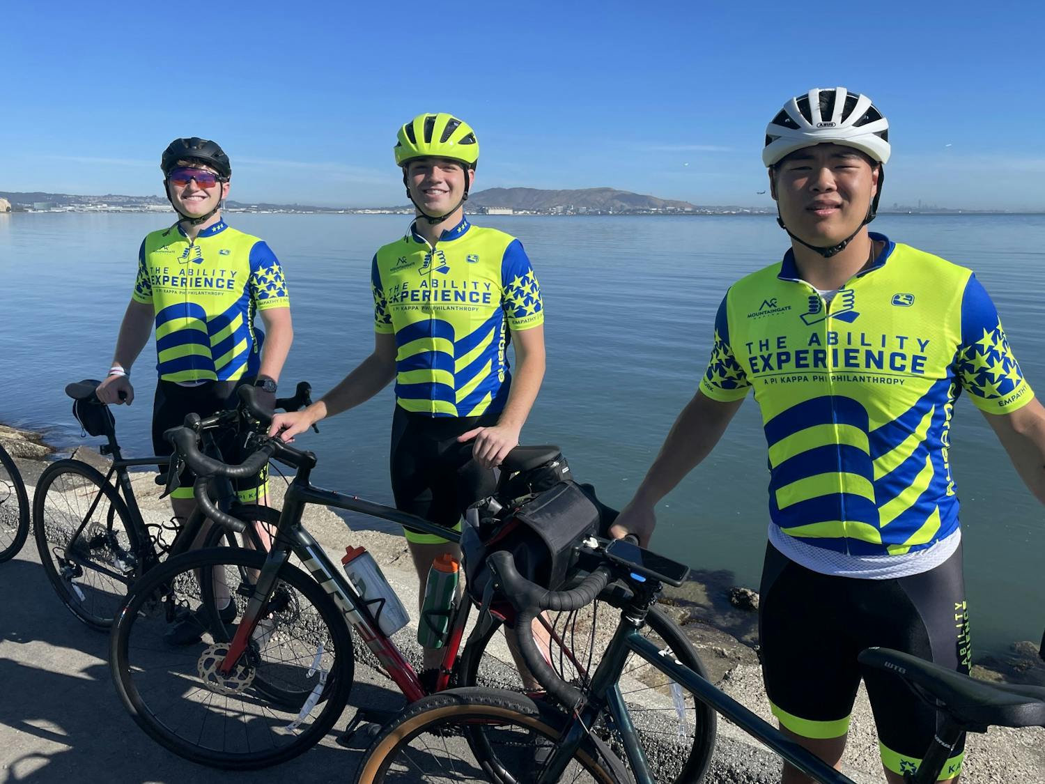 Three UNC students— (pictured from left to right) Cole Bright, Robert (Bo) Bell, and Ethan Mou— are cycling from California to Washington, DC this summer with the Ability Experience, a Pi Kappa Phi philanthropy. The trip, known as the Journey of Hope, is raising both funds and awareness for individuals with disabilities.&nbsp;
