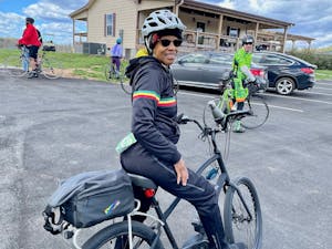 Deborah Stroman, an adjunct professor in the Department of Health Behavior, is one of a number of UNC faculty who commute to campus by e-bike. Photo courtesy of Stroman.