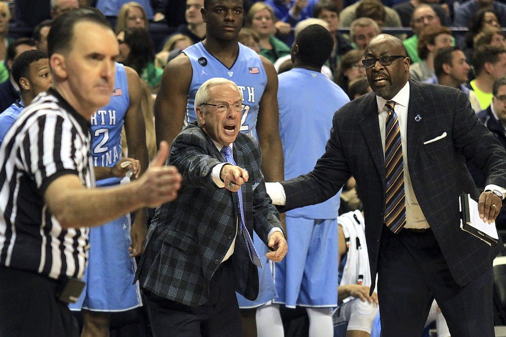 North Carolina head coach Roy Williams shouts during the ACC Championship game against Notre Dame on Saturday. The Tar Heels fell 90-82 to the Irish.
