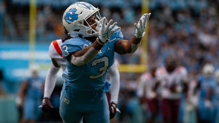 UNC senior wide receiver Antoine Green (3) reaches for a pass during a home football game at Kenan Stadium against Virginia Tech on Saturday, Oct. 1, 2022.