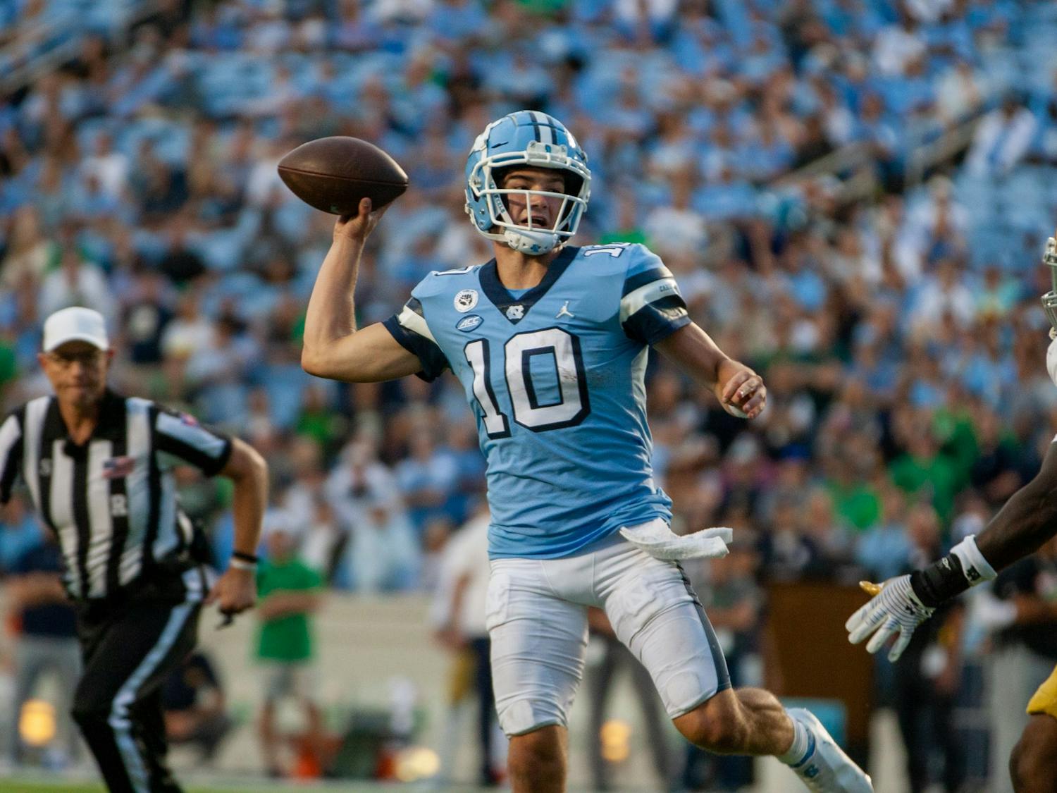 First-year quarterback, Drake Maye (10), throws the ball in Kenan Stadium on Sept. 24, 2022 against Notre Dame. UNC lost 45-32. 
