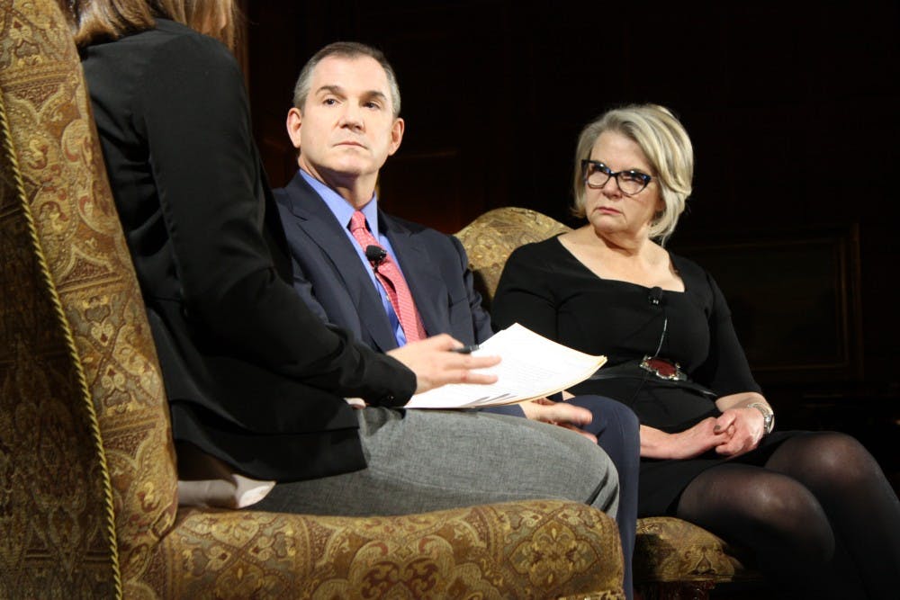 Frank Bruni and Margaret Spellings responded to questions during "The Art of Disagreement," hosted by the Institute of Politics in Graham Memorial Lounge on Tuesday night.&nbsp;