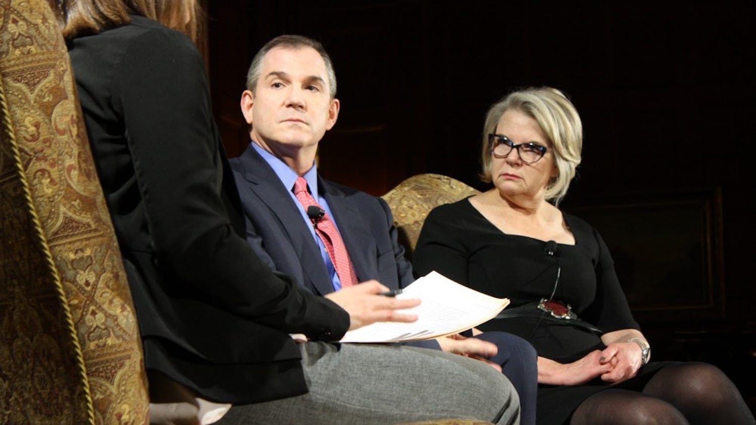 Frank Bruni and Margaret Spellings responded to questions during "The Art of Disagreement," hosted by the Institute of Politics in Graham Memorial Lounge on Tuesday night.&nbsp;