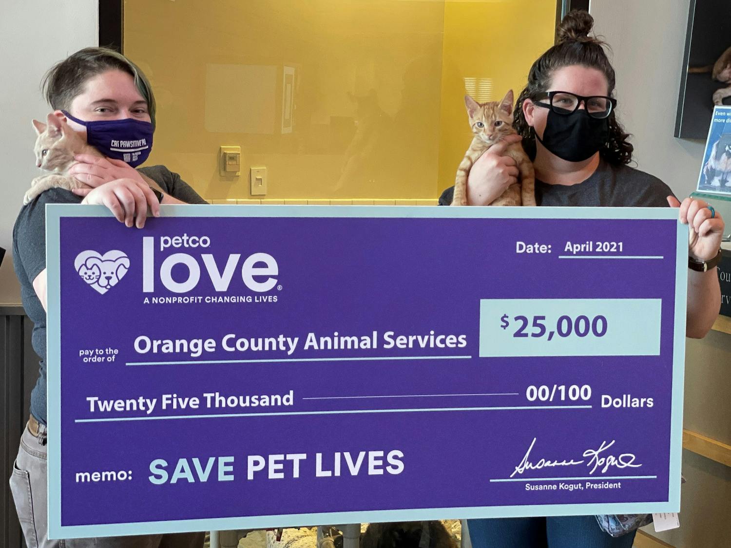 Scarlett Lucas and Tiani Schifano are employees at the Orange County Animal Shelter. Orange County Animal Services recently received a $25,000 grant from PetCo. Photo courtesy of Orange County Animal Services