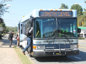 Passengers board the J bus on Jones Ferry Road in Carrboro, North Carolina. Carrboro kicked off Public Transportation Week on Monday, Sept. 23. 2019.