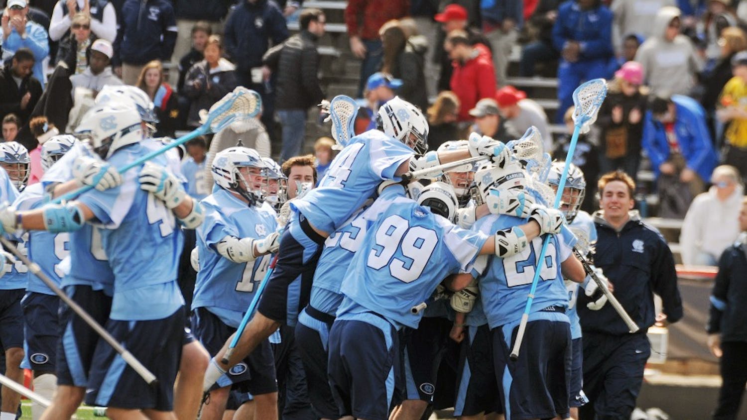 The Tar Heels celebrate after defeating the undefeated Terps.