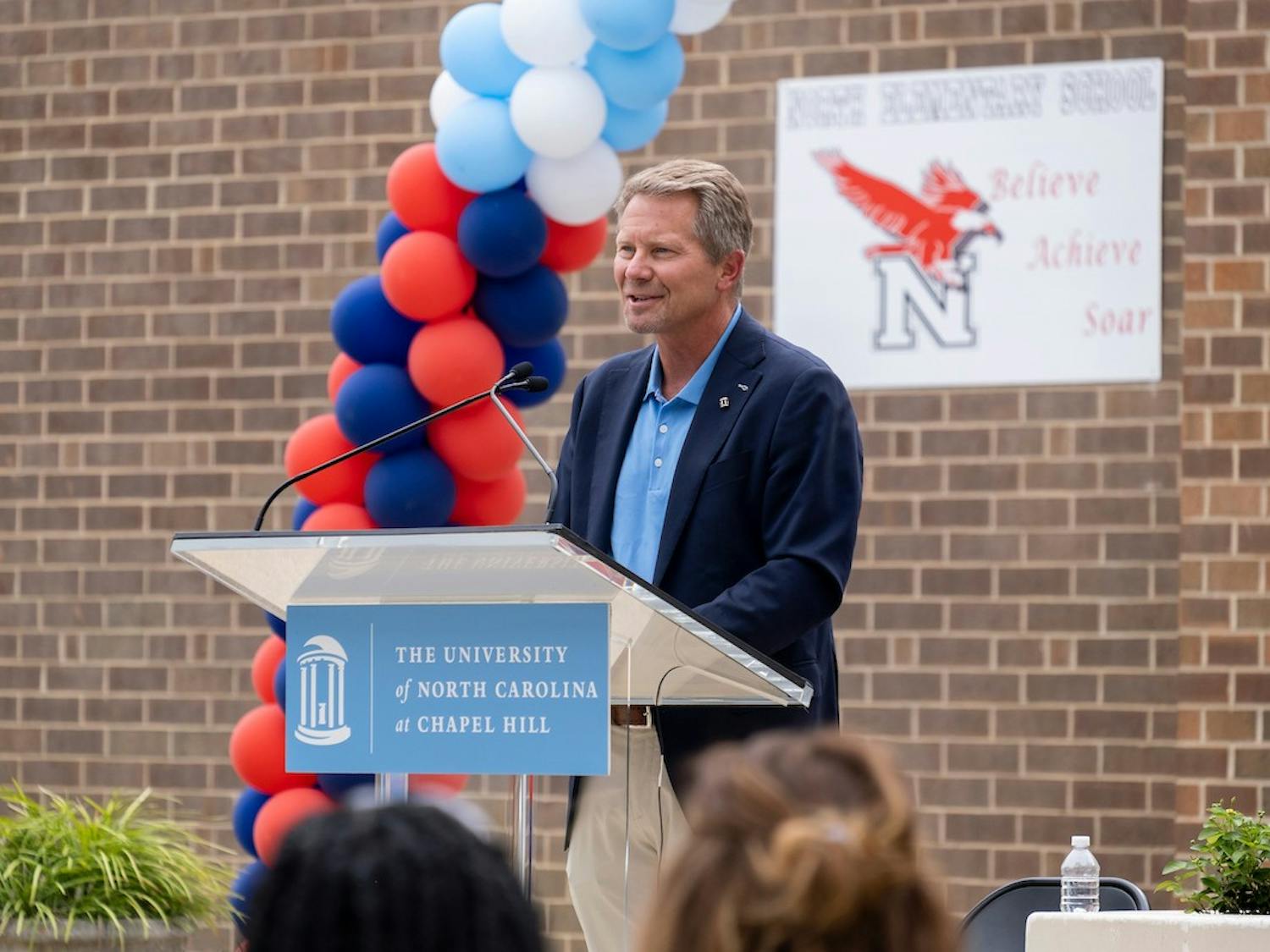 The University of North Carolina at Chapel Hill and Person County Schools held a ribbon cutting ceremony to open the Carolina Community Academy on Thursday, August 25 at North Elementary School in Roxboro, N.C.. In this image, UNC Chancellor Kevin M. Guskiewicz makes remarks. 
Photo Courtesy of Jon Gardiner/UNC-Chapel Hill. 