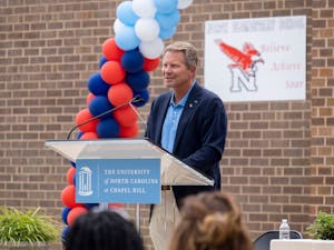 The University of North Carolina at Chapel Hill and Person County Schools held a ribbon cutting ceremony to open the Carolina Community Academy on Thursday, August 25 at North Elementary School in Roxboro, N.C.. In this image, UNC Chancellor Kevin M. Guskiewicz makes remarks. 
Photo Courtesy of Jon Gardiner/UNC-Chapel Hill. 