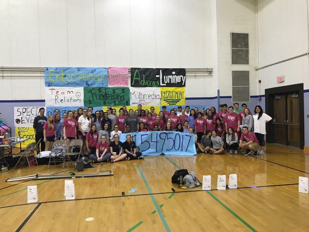 <p>Attendees of Relay for Life 2018 of UNC event gather in front of a sign displaying the amount raised. Photo by Madison Buchanan.</p>