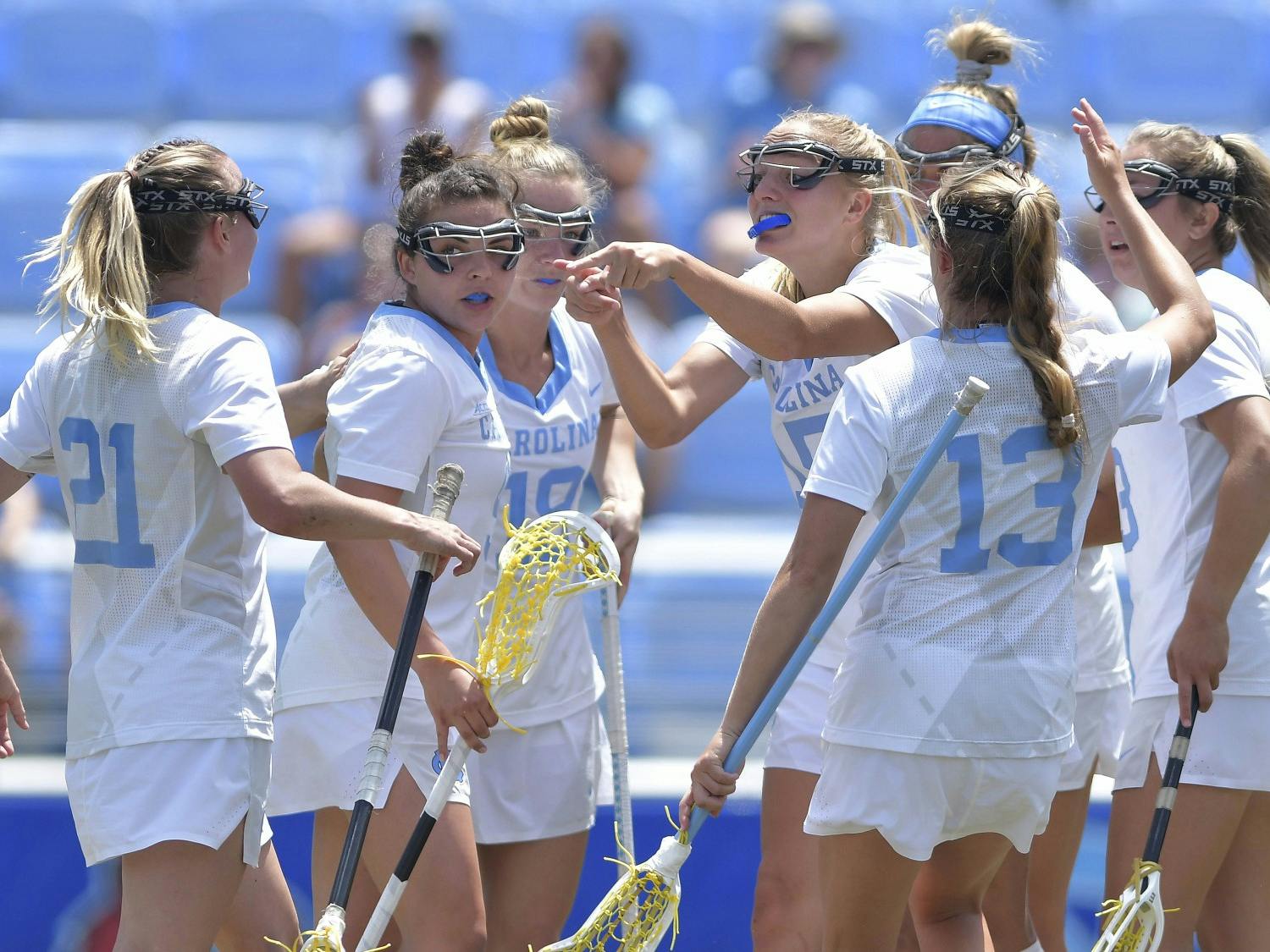 Scottie Rose Growney celebrates with teammates during the ACC Tournament Championship against Syracuse at Dorrance Field on Sunday, May 2, 2021. Photo courtesy of Dana Gentry. 