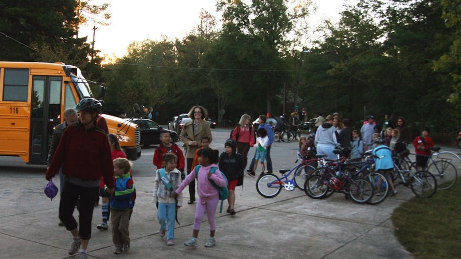 Children and parents of Carrboro Elementary School take part in International Walk to School Day on Wednesday morning. This is the sixth year Chapel Hill-Carrboro City Schools has participated in the event. 